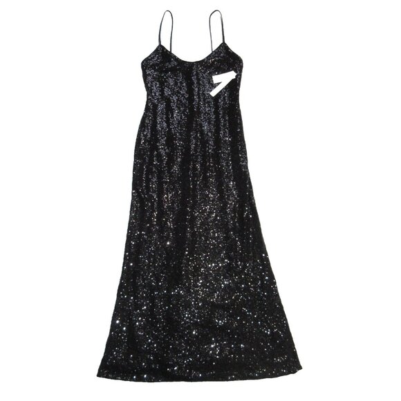 NWT by Anthropologie Sleeveless V-Neck Slip Midi in Black Sequin Dress S - Picture 6 of 11